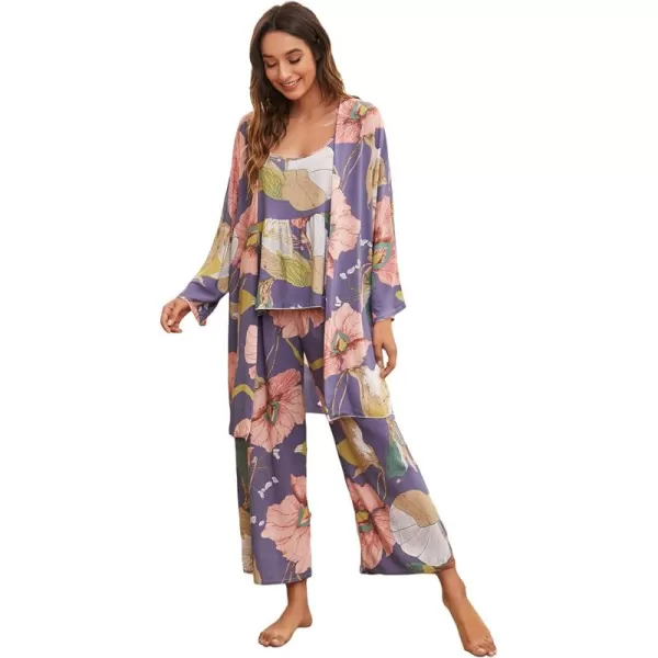 WDIRARA Women's 3 pcs Sleepwear Leaf Print Cami and Pants Pajama Set with Robe