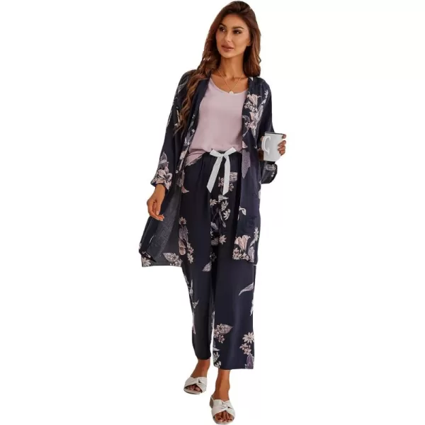 WDIRARA Women's 3 pcs Sleepwear Leaf Print Cami and Pants Pajama Set with Robe