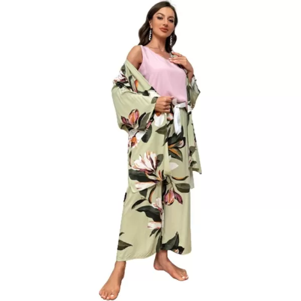 WDIRARA Women's 3 pcs Sleepwear Leaf Print Cami and Pants Pajama Set with Robe