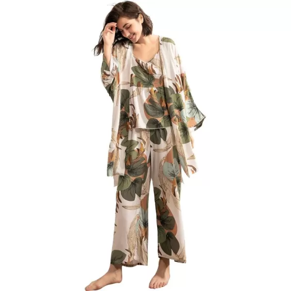 WDIRARA Women's 3 pcs Sleepwear Leaf Print Cami and Pants Pajama Set with Robe