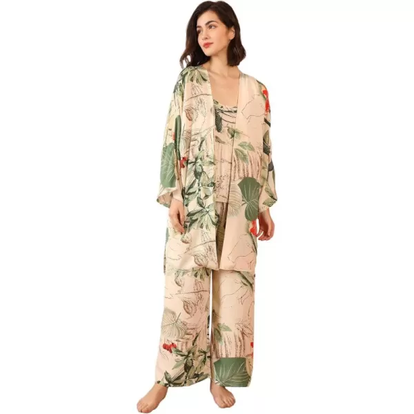 WDIRARA Women's 3 pcs Sleepwear Leaf Print Cami and Pants Pajama Set with Robe
