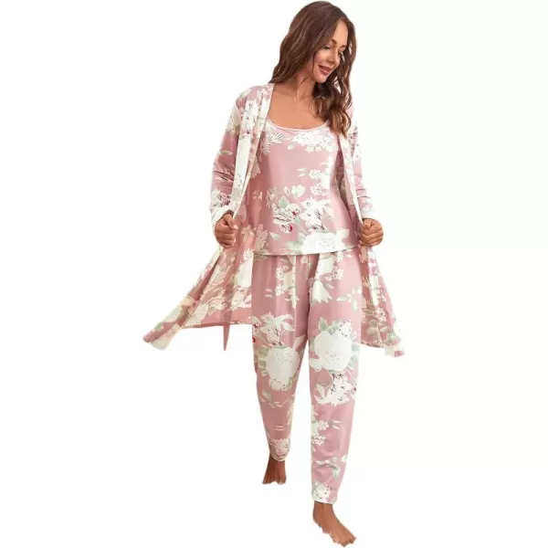 WDIRARA Women's 3 pcs Sleepwear Leaf Print Cami and Pants Pajama Set with Robe