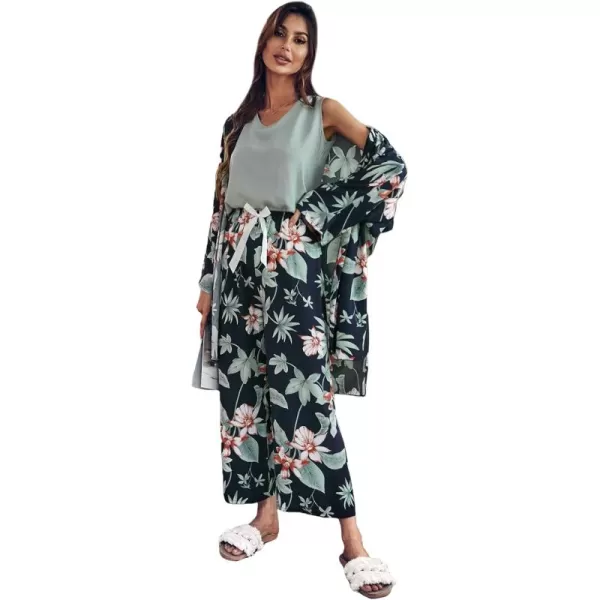 WDIRARA Women's 3 pcs Sleepwear Leaf Print Cami and Pants Pajama Set with Robe