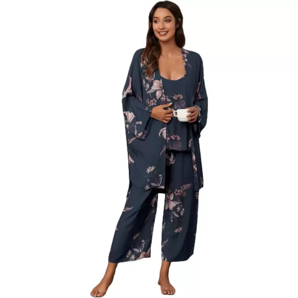WDIRARA Women's 3 pcs Sleepwear Leaf Print Cami and Pants Pajama Set with Robe