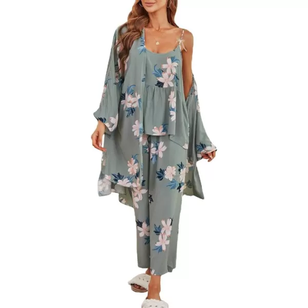 WDIRARA Women's 3 pcs Sleepwear Leaf Print Cami and Pants Pajama Set with Robe