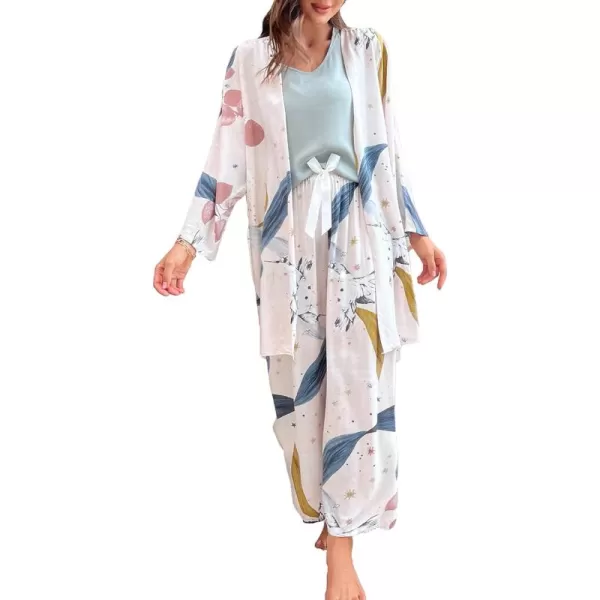 WDIRARA Women's 3 pcs Sleepwear Leaf Print Cami and Pants Pajama Set with Robe