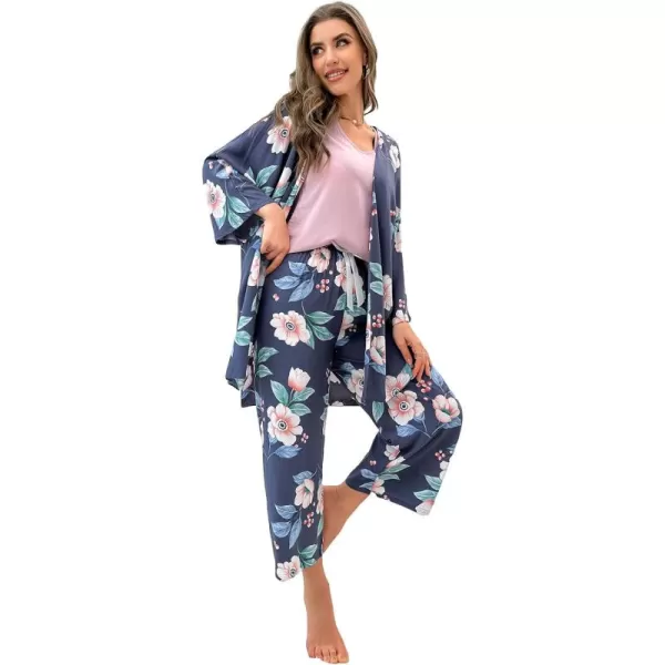 WDIRARA Women's 3 pcs Sleepwear Leaf Print Cami and Pants Pajama Set with Robe