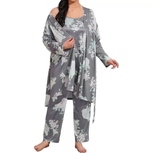 WDIRARA Women's 3 pcs Sleepwear Leaf Print Cami and Pants Pajama Set with Robe