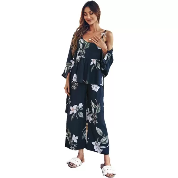 WDIRARA Women's 3 pcs Sleepwear Leaf Print Cami and Pants Pajama Set with Robe