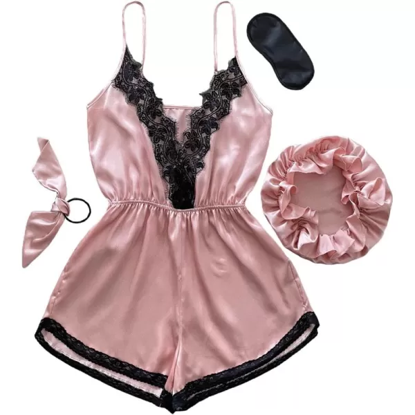 WDIRARA Women's 4 Piece Satin V Neck Sleeveless Lace Trim Onesies Pajama Sets