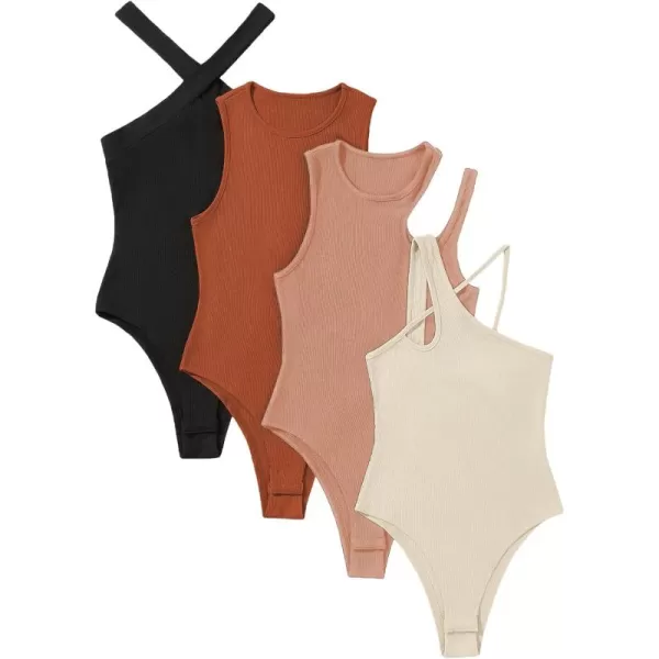 WDIRARA Women's 4 Pieces Cutout Crisscross Asymmetrical Rib Knit Skinny Bodysuit