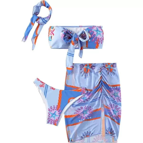 WDIRARA Women's 4 Pieces Floral Print Tie Front Bikini Swimsuit with Beach Skirt and Headband