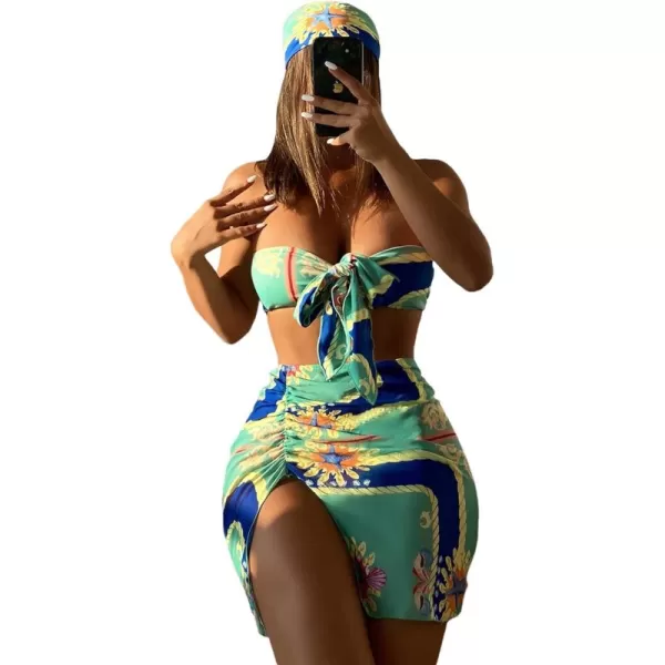 WDIRARA Women's 4 Pieces Floral Print Tie Front Bikini Swimsuit with Beach Skirt and Headband