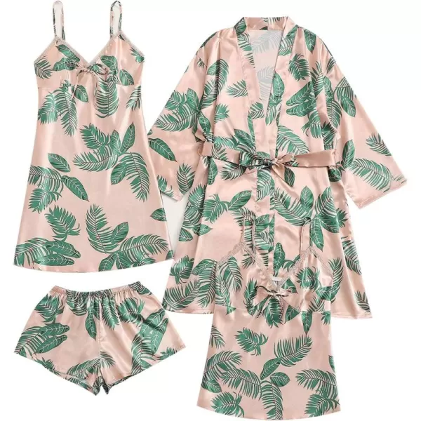 WDIRARA Women's 4 pcs Floral Print Satin Dress Cami Shorts Pajama Set with Robe