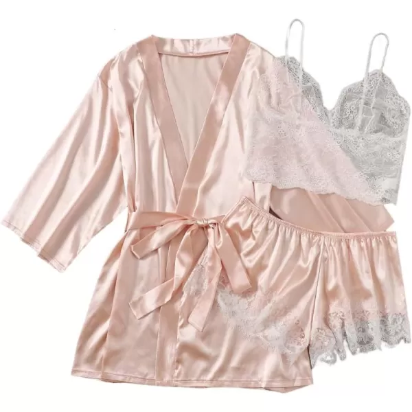 WDIRARA Women's 4 pcs Floral Print Satin Dress Cami Shorts Pajama Set with Robe