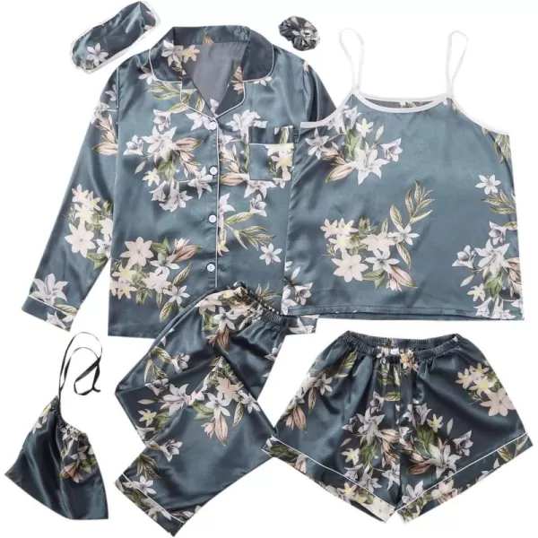 WDIRARA Women's 7 Pcs Pajama Set Comfy Cami Pjs with Shirt and Eye Mask