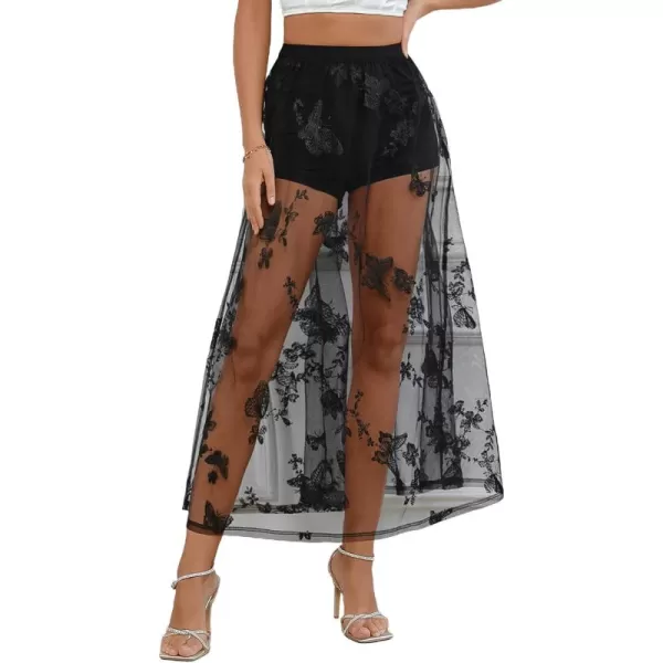 WDIRARA Women's A-Line Sheer Mesh Overlay High Waisted Embroidered Skirt Long Skirt