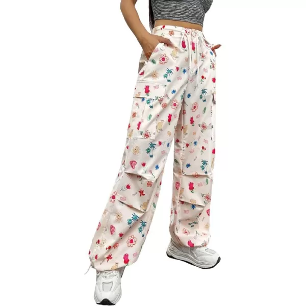 WDIRARA Women's All Over Graphic Printed Cargo Flap Pocket Side Drawstring High Waist Casual Pants