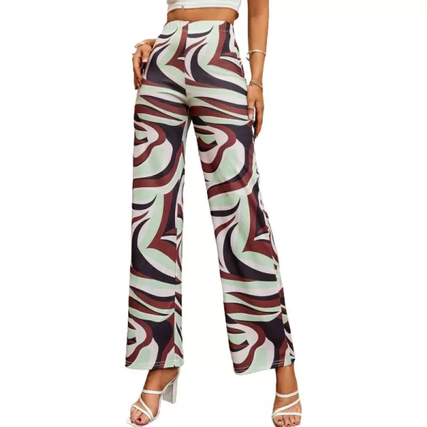 WDIRARA Women's All Over Print High Waist Elastic Flared Leg Casual Long Pants