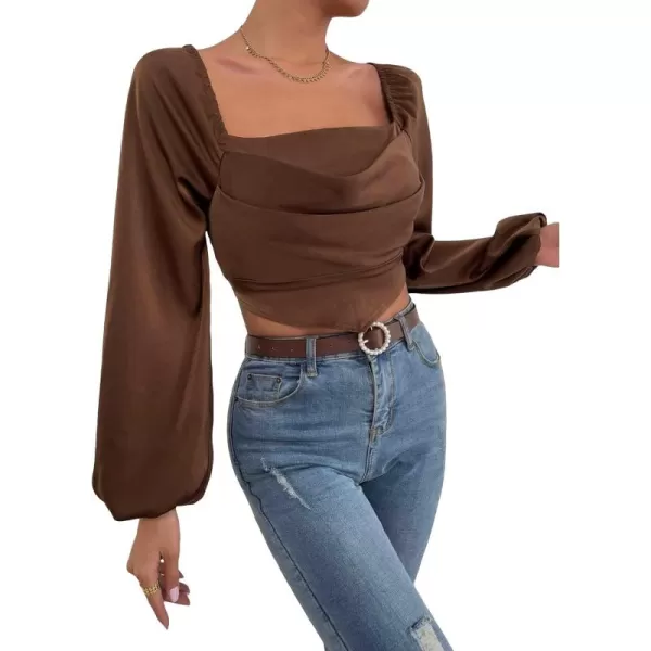 WDIRARA Women's Bishop Sleeve Square Neck Shirred Back Top Asymmetrical Blouse