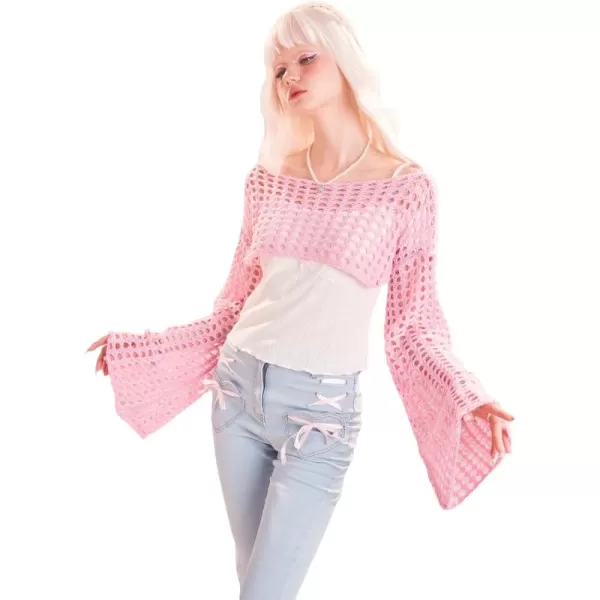 WDIRARA Women's Boat Neck Flounce Long Sleeve Crochet Hollow Out Sweater Crop Knit Top