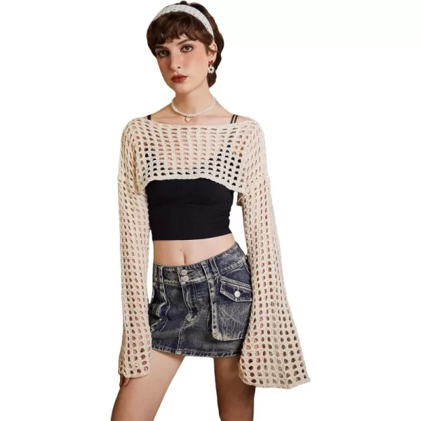 WDIRARA Women's Boat Neck Flounce Long Sleeve Crochet Hollow Out Sweater Crop Knit Top