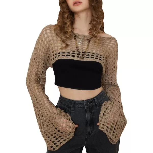 WDIRARA Women's Boat Neck Flounce Long Sleeve Crochet Hollow Out Sweater Crop Knit Top