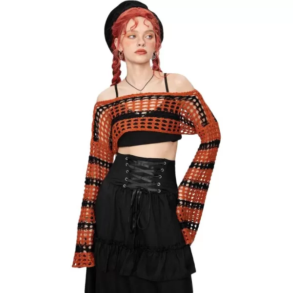 WDIRARA Women's Boat Neck Flounce Long Sleeve Crochet Hollow Out Sweater Crop Knit Top