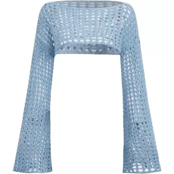 WDIRARA Women's Boat Neck Flounce Long Sleeve Crochet Hollow Out Sweater Crop Knit Top