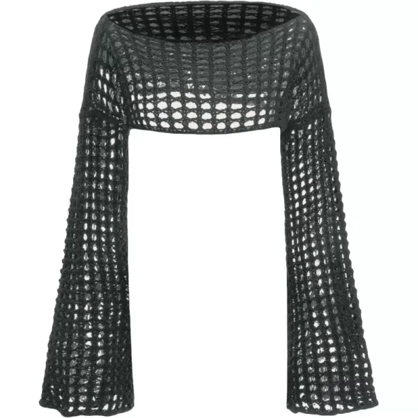 WDIRARA Women's Boat Neck Flounce Long Sleeve Crochet Hollow Out Sweater Crop Knit Top