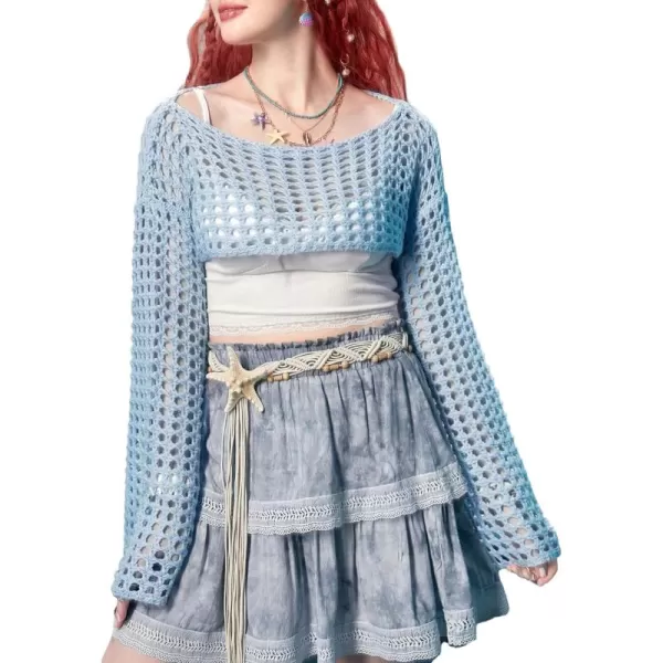 WDIRARA Women's Boat Neck Flounce Long Sleeve Crochet Hollow Out Sweater Crop Knit Top