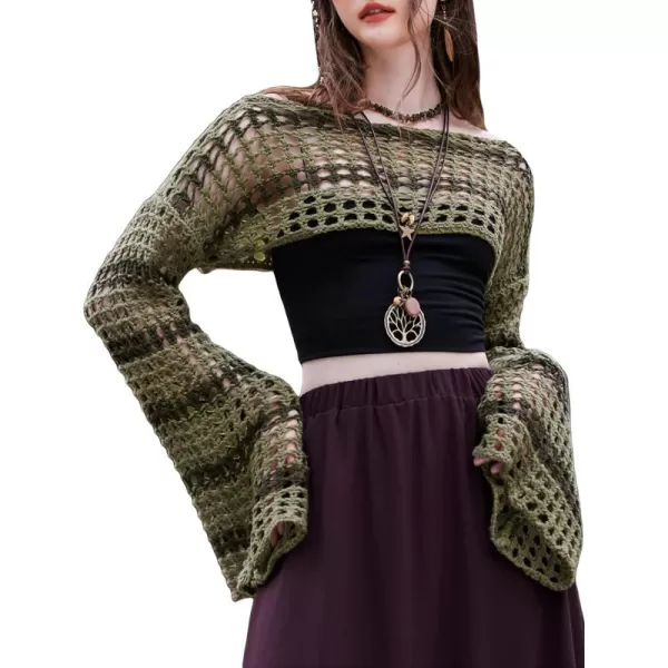 WDIRARA Women's Boat Neck Flounce Long Sleeve Crochet Hollow Out Sweater Crop Knit Top