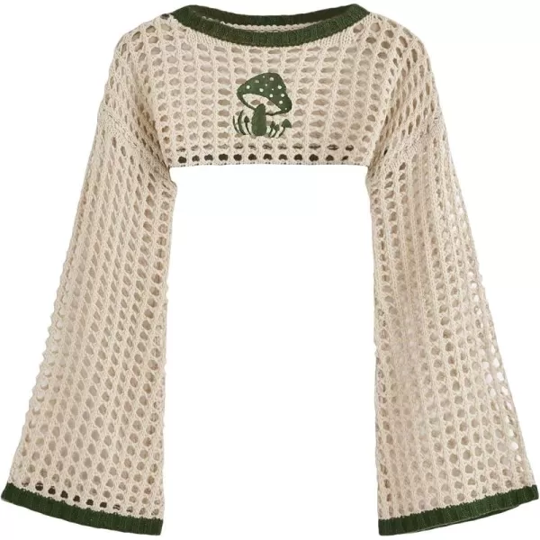 WDIRARA Women's Boat Neck Flounce Long Sleeve Crochet Hollow Out Sweater Crop Knit Top