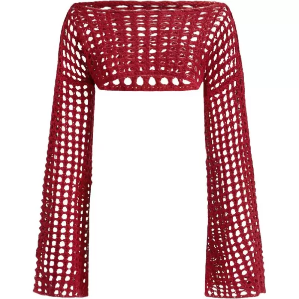 WDIRARA Women's Boat Neck Flounce Long Sleeve Crochet Hollow Out Sweater Crop Knit Top