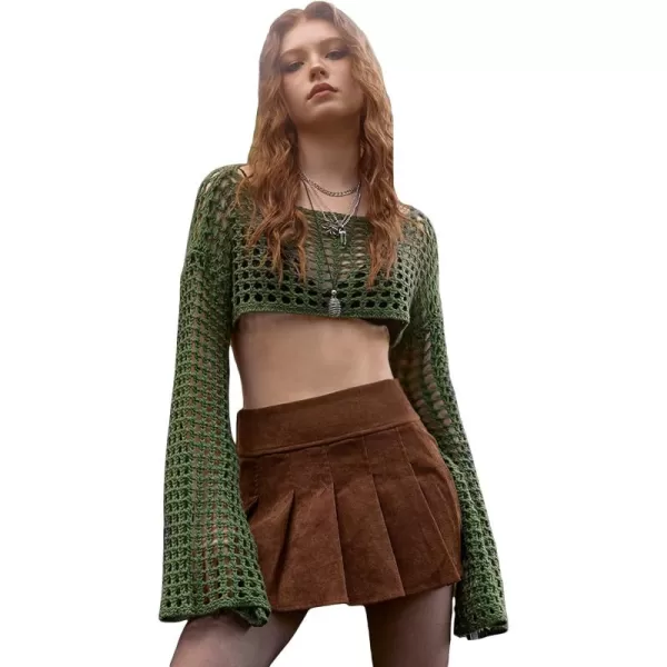 WDIRARA Women's Boat Neck Flounce Long Sleeve Crochet Hollow Out Sweater Crop Knit Top