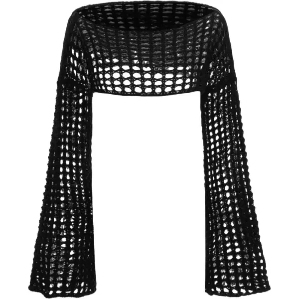 WDIRARA Women's Boat Neck Flounce Long Sleeve Crochet Hollow Out Sweater Crop Knit Top