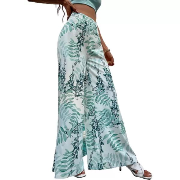 WDIRARA Women's Boho Leaf Print High Waist Loose Beach Wide Leg Palazzo Pants