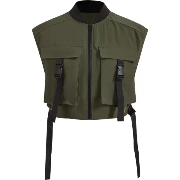 WDIRARA Women's Buckle Flap Pockets Zipper Front Sleeveless Mock Neck Street Vest Jackets