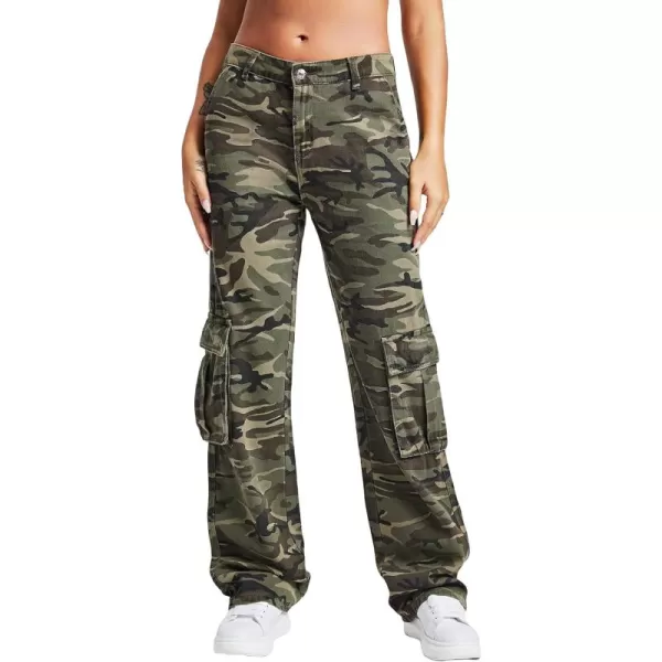 WDIRARA Women's Camo Print Cargo Jeans High Waist Wide Leg Denim Army Pants