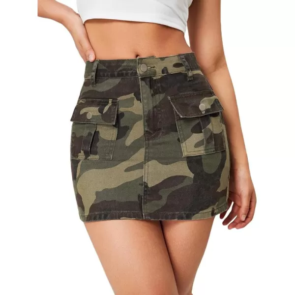WDIRARA Women's Camo Print High Waist Pocket Stretch Mini Bodycon Skirt