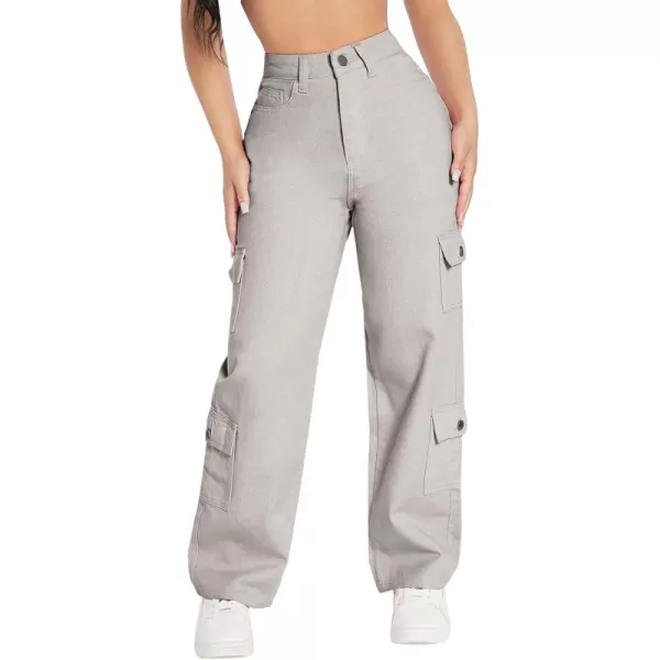 WDIRARA Women's Cargo Denim Pants High Waist Straight Leg Boyfriend Jeans with Pocket