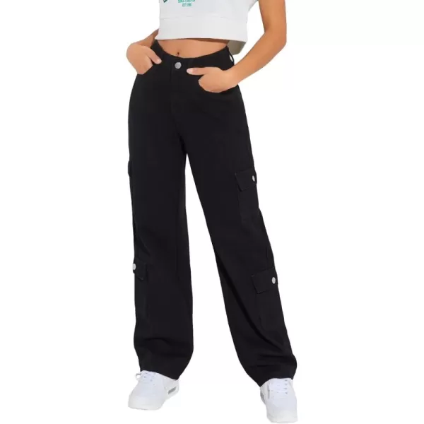 WDIRARA Women's Cargo Denim Pants High Waist Straight Leg Boyfriend Jeans with Pocket