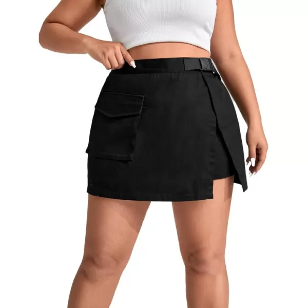 WDIRARA Women's Cargo Skirt Utility Asymmetrical Slit High Waist Wrap Mini Skirt with Buckle Black Plaid XS