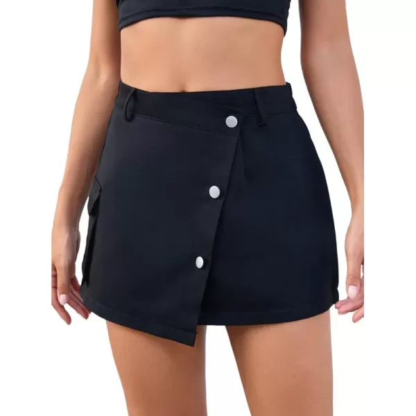 WDIRARA Women's Cargo Skirt Utility Asymmetrical Slit High Waist Wrap Mini Skirt with Buckle Black Plaid XS
