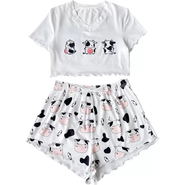 WDIRARA Women's Cartoon Cat Print Tee and Shorts Cute Pajama Set Sleepwear