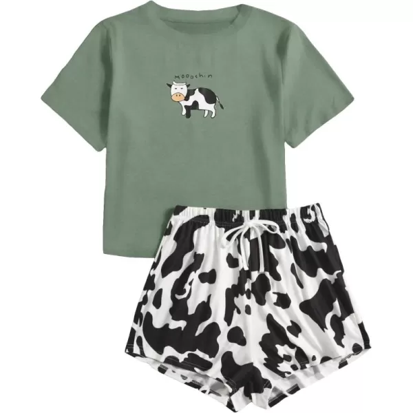 WDIRARA Women's Cartoon Cow Print Short Sleeve Tee and Shorts Pajama Set
