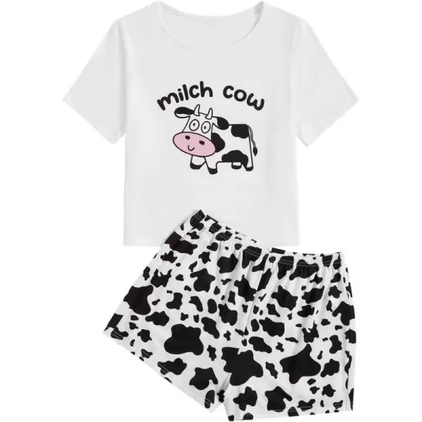 WDIRARA Women's Cartoon Cow Print Short Sleeve Tee and Shorts Pajama Set