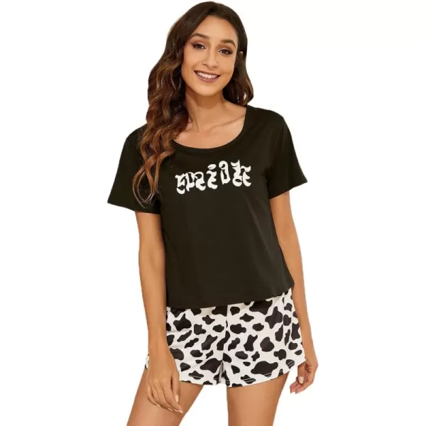 WDIRARA Women's Cartoon Cow Print Short Sleeve Tee and Shorts Pajama Set