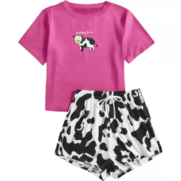WDIRARA Women's Cartoon Cow Print Short Sleeve Tee and Shorts Pajama Set