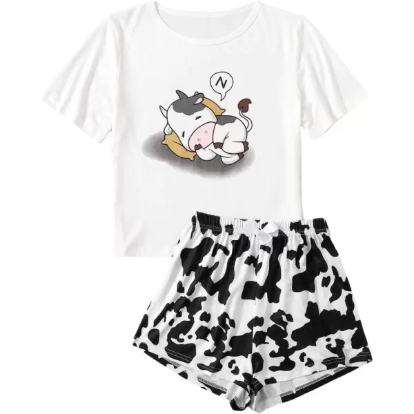 WDIRARA Women's Cartoon Cow Print Short Sleeve Tee and Shorts Pajama Set
